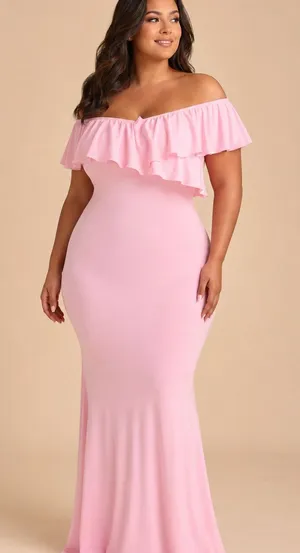 Women’s Pink Off-Shoulder Ruffle Stretch Maternity Mermaid Maxi Gown thumbnail 1