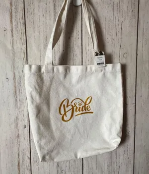 Bride Wedding Celebration Marriage Canvas Tote Bag with Gold Script thumbnail 1