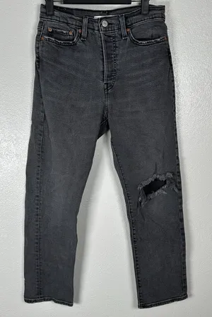 Levis Womens Size 28 Wedgie Straight Jeans Distressed Gray Black Wash Button Fly thumbnail 1