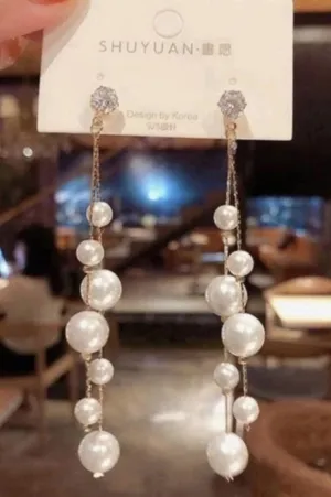 Women's White Pearl Long Tassel Dangle Drop Earrings thumbnail 1