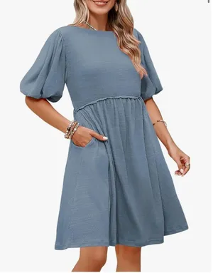 New Blue crew Neck Tunic Mini Tiered Babydoll Dress S thumbnail 1