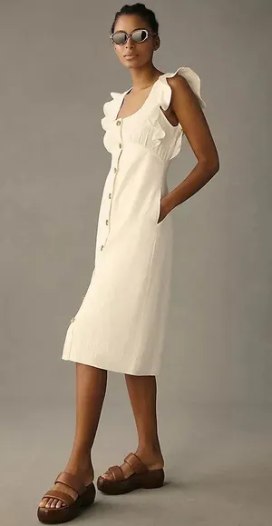 Pilcro Anthropologie Ruffled Scoop Neck Button Down Linen Midi Dress 2 thumbnail 1