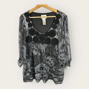 ICE Vintage Women XL Black Sheer 3/4 Sleeve Floral Blouse WhimsyGoth Feminine thumbnail 2