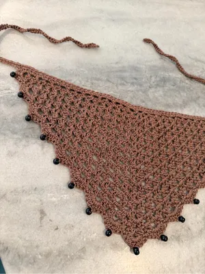 Handmade Crochet Wood Beaded Kerchief Head Scarf Cotton Boho Bandana Cottagecore thumbnail 1
