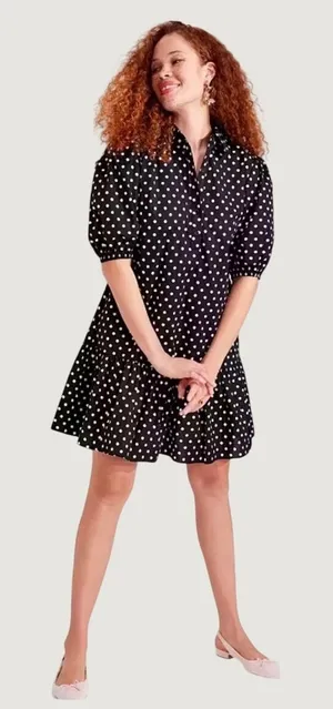 Kate Spade Harmony Dot Lake Dress M Black‎ Cotton Puff Sleeve Mini Retro Chic thumbnail 1