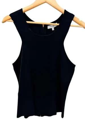 Milly Angled Rib Stretch Flare Shell Black‎ Sleeveless Zip Back Knit Top NWT L thumbnail 1