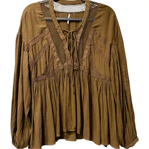 Free People Don't Let Go Brown Flowy Lace Up Balloon Sleeve‎ Boho Peasant Top S thumbnail 2