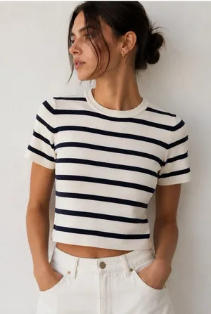 Zara Women’s L Cream Navy Striped Knit Cropped Short Sleeve Top Coastal thumbnail 1