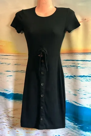 Abercrombie & Fitch Black Short Sleeve Tie-Waist Keyhole Button-Front Dress XXST thumbnail 1