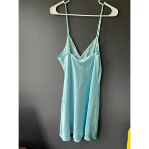 Adonna Light Turquoise Blue Polka Dot Satin Slip Dress with Lace Trim thumbnail 2