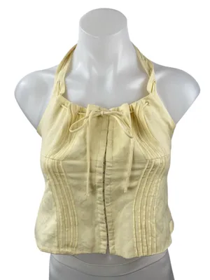ASTR The Label Yellow Halter Pintucked Smocked Tie Sleeveless Crop Top Size S thumbnail 1