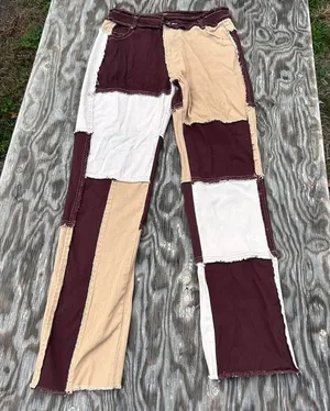 Brown patchwork pants blush mark size‎ small fall winter BoHo aesthetic grunge thumbnail 1