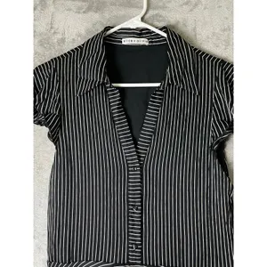 Alice + Olivia Moore Pinstripe Ruffle Shirt Dress Black White Size Small Office thumbnail 3