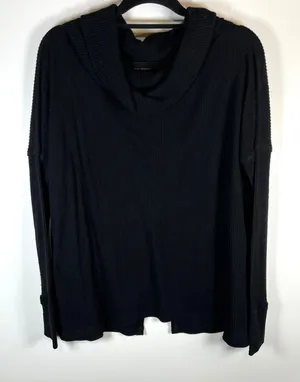 Free People‎ Black Ribbed Cowl Neck Split Back Long Sleeve Top XS thumbnail 1