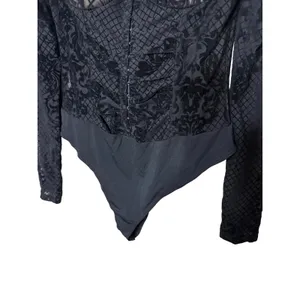 Windsor Black Flocked Velvet Mesh Corset Bodysuit Long Sleeve Square Neck Medium thumbnail 3