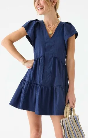 Vineyard Vines Performance Navy Blue Sophie Harbor Flutter Sleeve Tiered Dress thumbnail 1