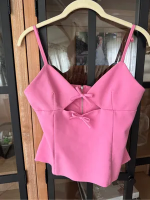 Zara bows top cutout stretch fuchsia barbiecore sleeves vneck bubblegum tank thumbnail 2