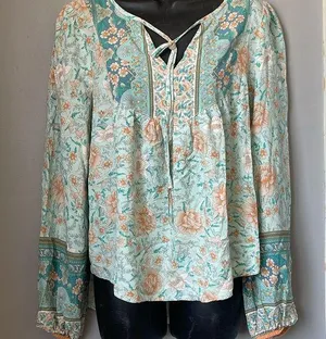 Relaxed Blue floral Blouse with Tie Front and Bib Collar bishop sleeves thumbnail 1