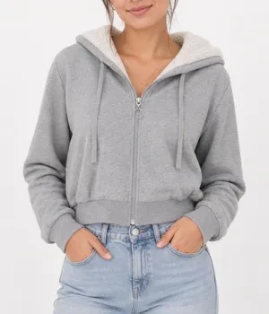 Ambiance Womens Gray Cropped Sherpa Lined Zip Up Hoodie Sweatshirt Large thumbnail 1
