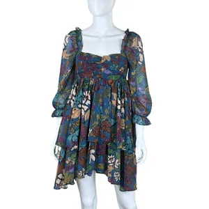 Meet‎ me in Santorini Floral Babydoll Dress Square Neck Tiered Ruffle Sleeve XS thumbnail 3