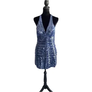 Y2K VTG Forever 21 Blue Sequin Halter Mini Dress Bodycon Cocktail Party Clubwear thumbnail 2
