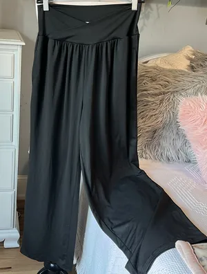 Wide Leg Pants Cross Over Waist Black Silky Stretchy Womens Medium Yoga thumbnail 1