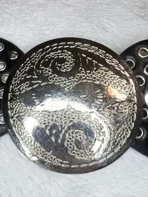 Vintage Black & Silver Faux Leather Boho Medallion Hip Belt Hammered Buckle thumbnail 2
