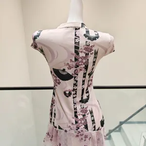 Women Anime Print Short Qipao Dress Mandarin Collar Cap Sleeve Keyhole Neck Ruffle Hem Slim Fit thumbnail 4