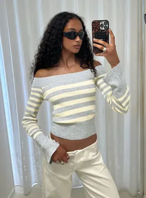 Princess Polly Perrey long sleeve grey and yellow off the shoulder sweater thumbnail 1