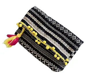 Just Fab Fold Over Bag Yellow Pom Pom Tassel‎ Trim Colorful Clutch Purse thumbnail 1