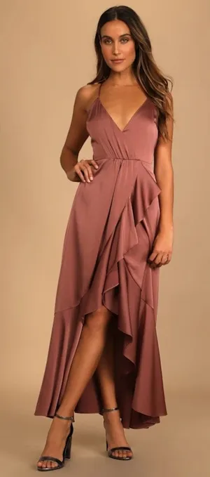 NWT Lulus Enchanted Moments Mauve Pink Satin Ruffled High-Low Dress Wedding Sz S thumbnail 1
