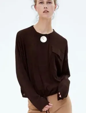 Zara Brown Contrast Button Blouse M thumbnail 1