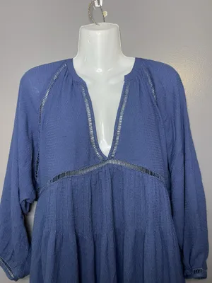 Free People Dress Womens Small Blue Deep V Empire Trapeze Swing Boho Mini thumbnail 1