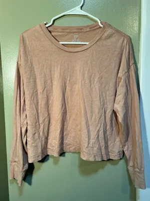 Aerie Womens Size Medium Long Sleeve T-Shirt Cropped Tan Brown Distressed Cotton thumbnail 1