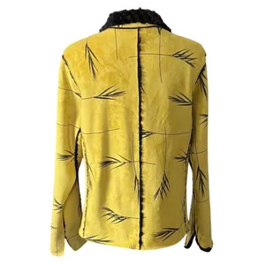 Robert Kitchen Faux‎ Suede Faux Fur Leaf Print Jacket Sz M Yellow Brown thumbnail 2