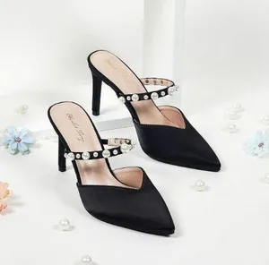 Elisabet Tang - Pointed Toe Heels Sandals 3.54" Pearl Strap Statin Mule - NIB thumbnail 1