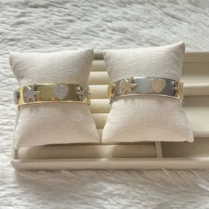 ⁠Silver Ton Star & Heart Hinged Cuff Bracelet Pave Rhinestone Statement Jewelry⁠ thumbnail 3