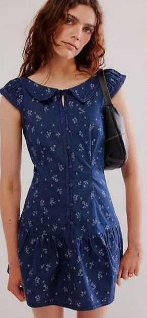 Free People x Revolve Beasley Mini Dress Womens XS Navy Floral Twee Coquette thumbnail 1