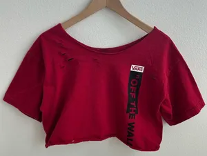 Vans Red Destroyed Cropped Off the Shoulder Top thumbnail 1