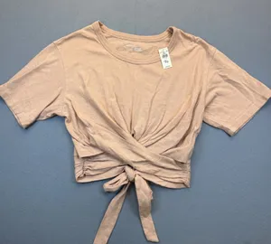 Aerie Women‎ XS Nude Peach Cotton Front Tie Wrap Crop Top Short Sleeve 078-5496 thumbnail 1