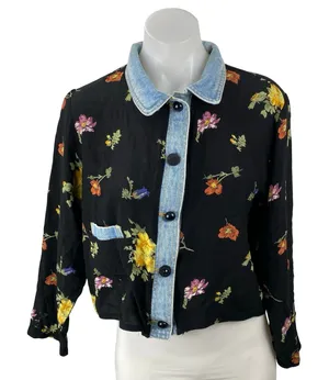 Vintage Romeo Black Floral Long Sleeve Denim Jean Button Down Shirt Top Size M thumbnail 1