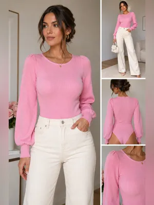 NWT Pink Ribbed Puff Sleeve Bodysuit Small Coquette Balletcore Feminine thumbnail 2