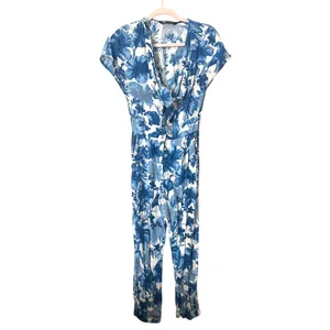 ZARA Floral Tie Front Linen Blend Jumpsuit Blue Small‎ thumbnail 2