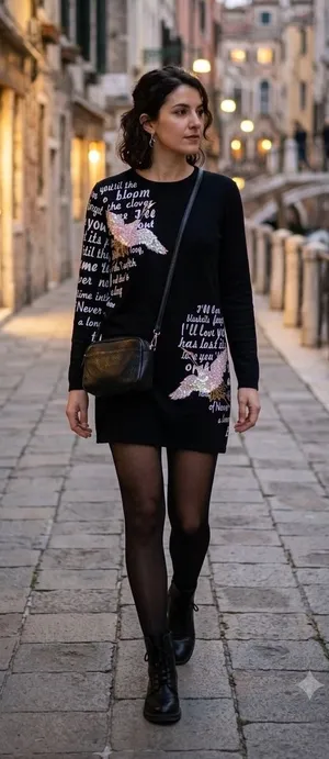 Comaekar Black Graphic‎ T-Shirt Dress Sequin Crane Bird Script Long Sleeve Mini thumbnail 1