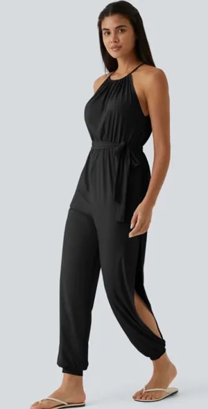 NWT Halara Sleeveless Tie Back Belted Pocket Cut Out Cool Touch Jumpsuit-UPF50+ thumbnail 1