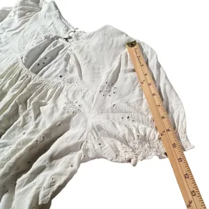 Torrid Eyelet Blouse Womens 1 White Smocked Puff‎ Sleeve Boho Pom Pom Trim Top thumbnail 8