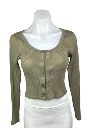 Uniqlo Women's Olive Green Ribbed Button Up Cropped Top Sweater Cardigan Size S thumbnail 1
