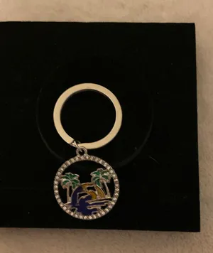Silver Palm Tree & Dolphin Enamel Keychain - Blue, Green, Gold Accent thumbnail 1