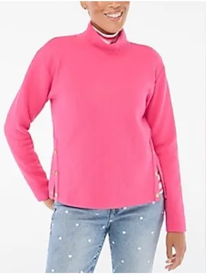 J. Crew Factory Herringbone mockneck sweatshirt snap in soft fuchsia pink Size M thumbnail 1