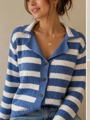 Zaful Blue White Striped Knit Cardigan Collared Button Up Coastal Preppy XL thumbnail 1